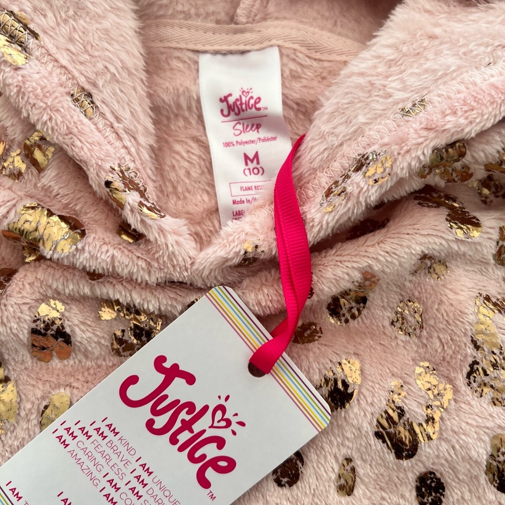 Justice Pink Plush Hooded Top with Gold Leopard Foil
